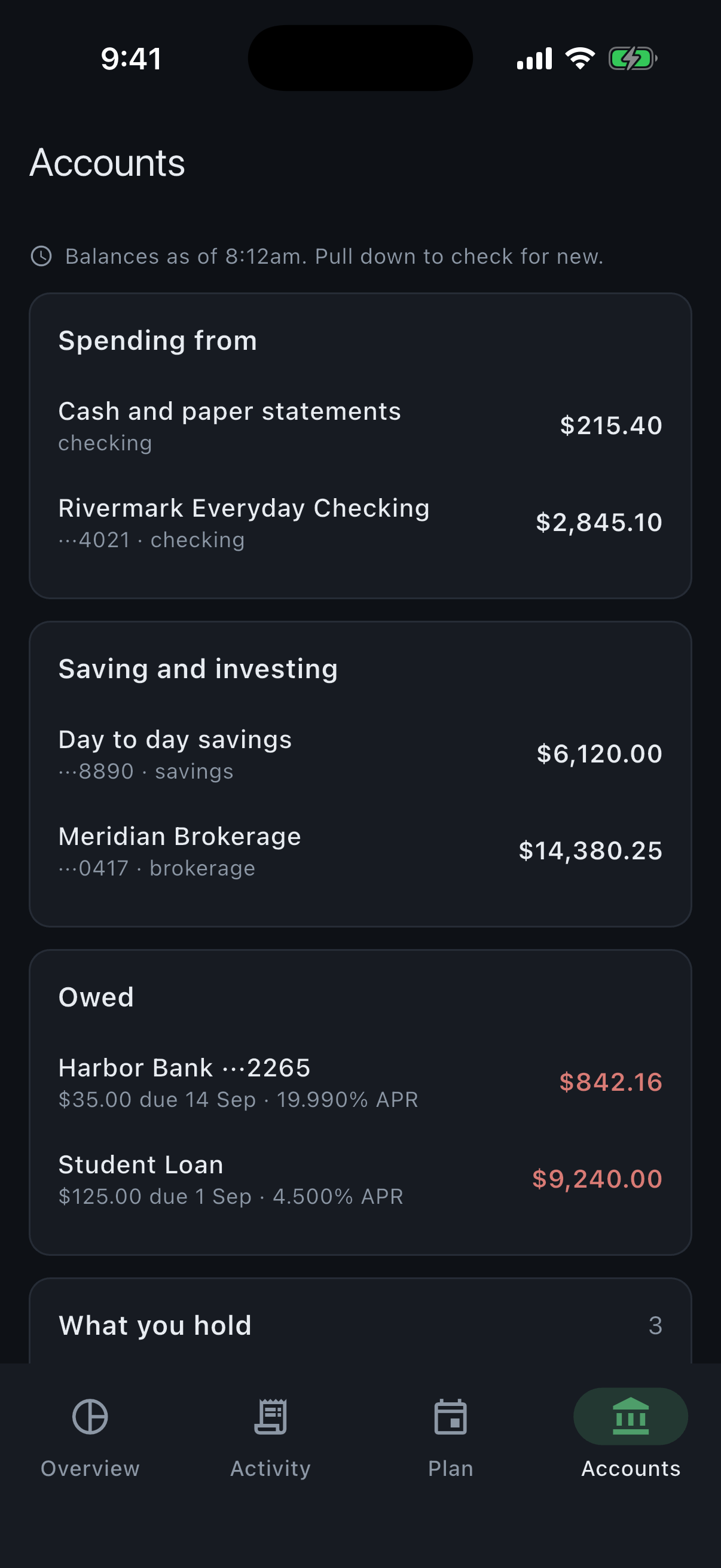 The FinBeans accounts screen, showing balances grouped into spending, saving and owed, and the holdings in an investment account