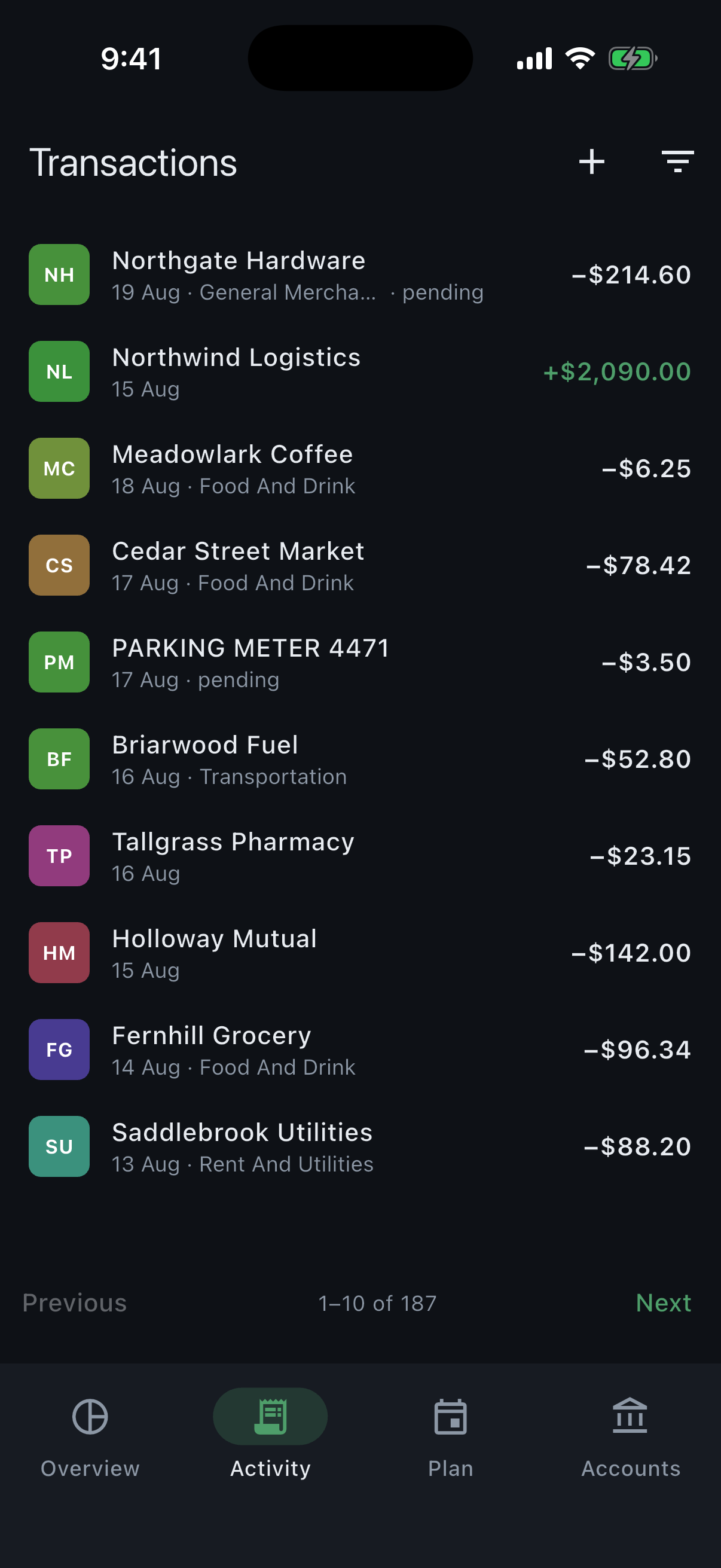 The FinBeans activity screen, a searchable list of transactions