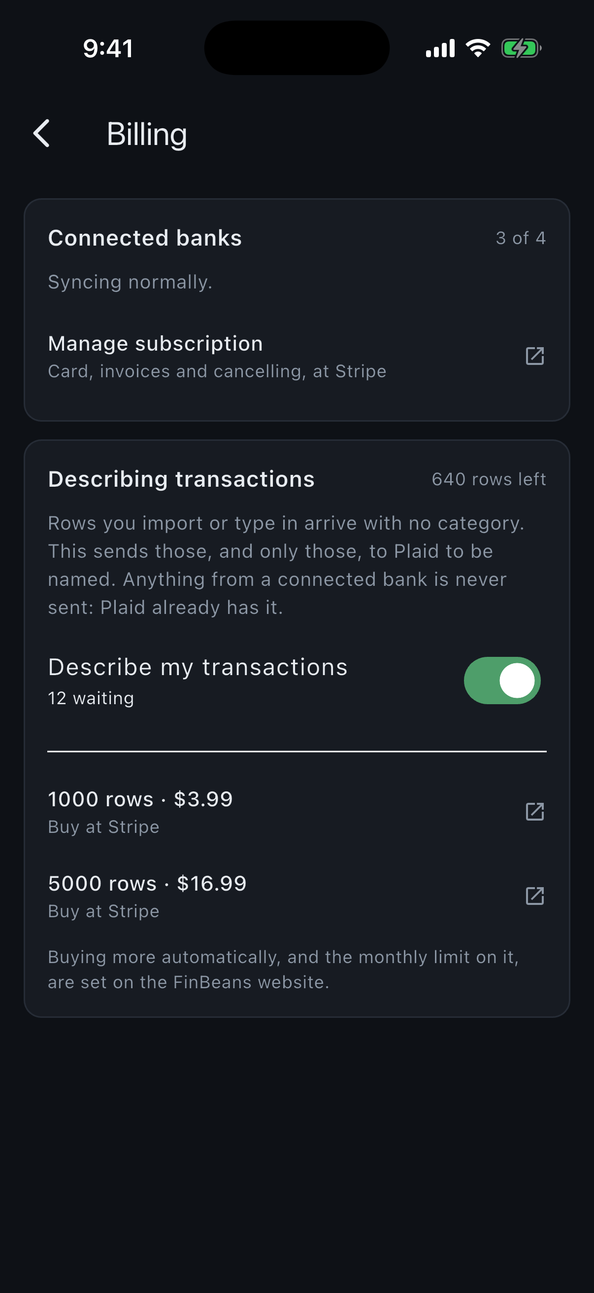 The FinBeans billing screen, showing the connected banks a subscription covers and the separate, optional credits for describing imported transactions